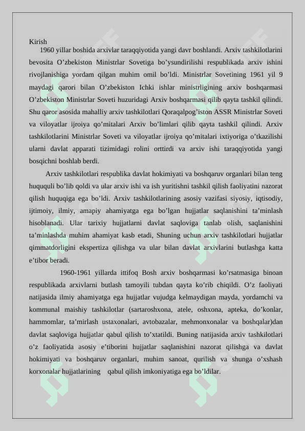 Respublikada arxiv ishining takomillashtirish 2
