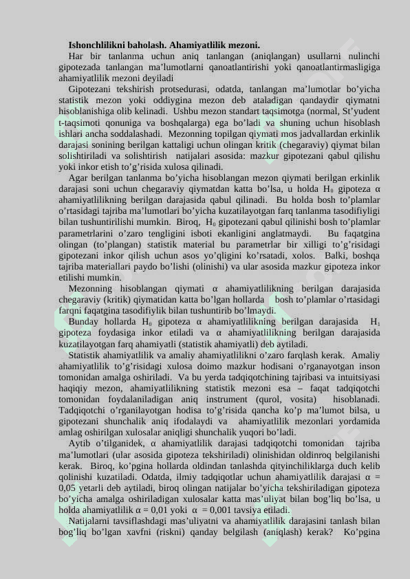 STATISTIK GIPOTEZA: ILGARI SURISH VA UNI STYUDENT TAQSIMOTI KRITIK QIYMATLARINI HISOBLASH ASOSIDA TEKSHIRISH 4