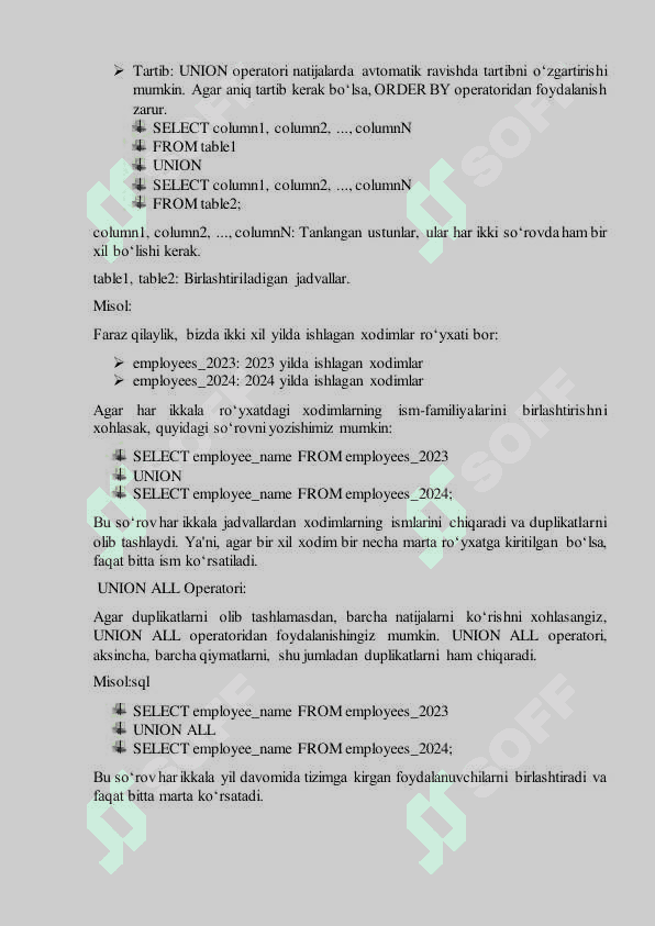 Union, Intersect va Minus standart so‘zidan foydalanish 4
