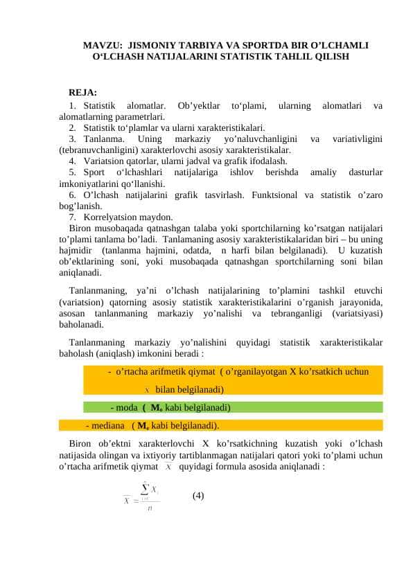 JISMONIY TARBIYA VA SPORTDA BIR O’LCHAMLI OʻLCHASH NATIJALARINI STATISTIK TAHLIL QILISH