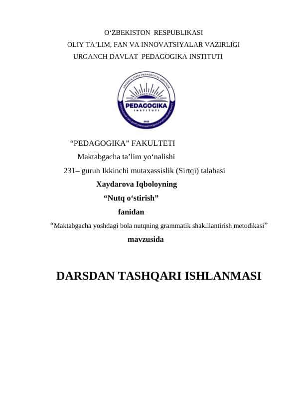 Maktabgacha yoshdagi bola nutqning grammatik shakillantirish metodikasi 1