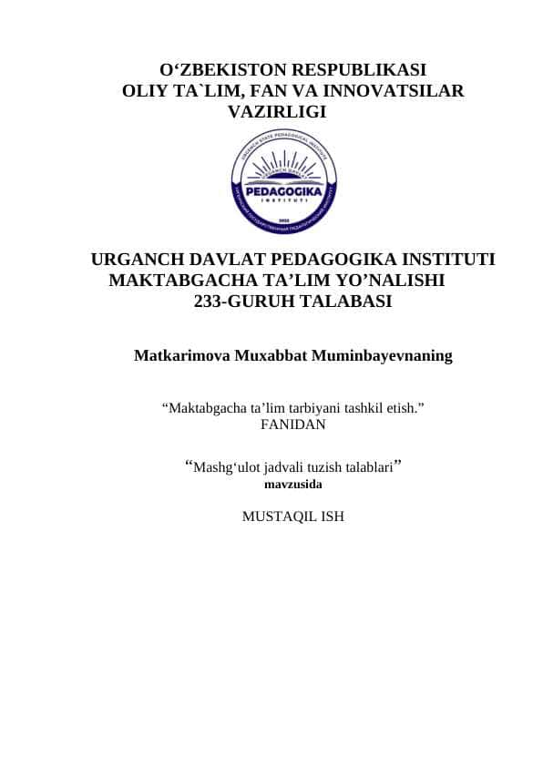 Mashgʻulot jadvali tuzish talablari 1