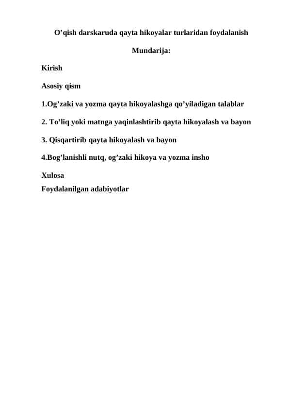 O’qish darskaruda qayta hikoyalar turlaridan foydalanish