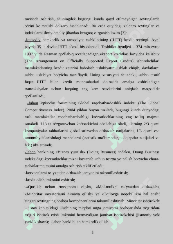 O‘ZBEKISTON RESPUBLIKASINING XALQARO REYTINGI 8