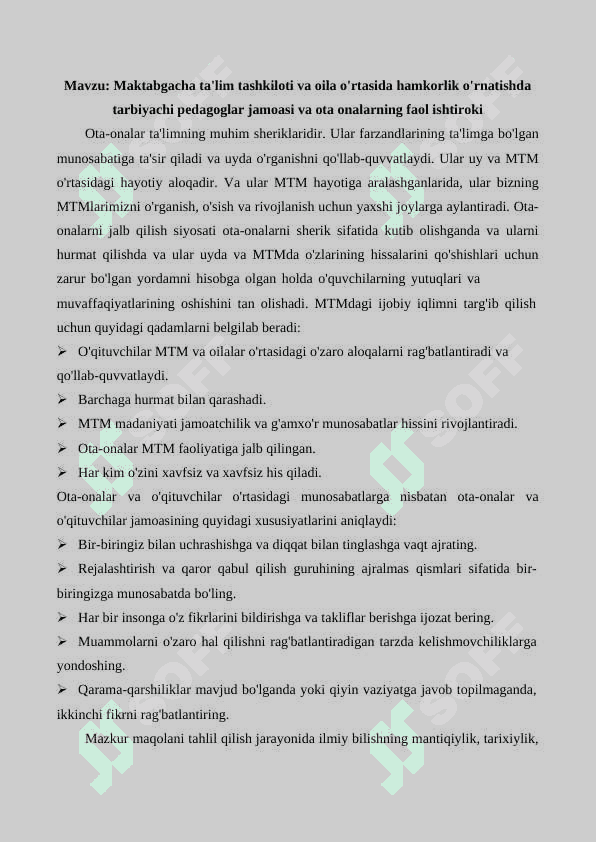 Maktabgacha ta'lim tashkiloti va oila o'rtasida hamkorlik o'rnatishda tarbiyachi pedagoglar jamoasi va ota onalarning faol ishtiroki  darsdan tashqari material 2