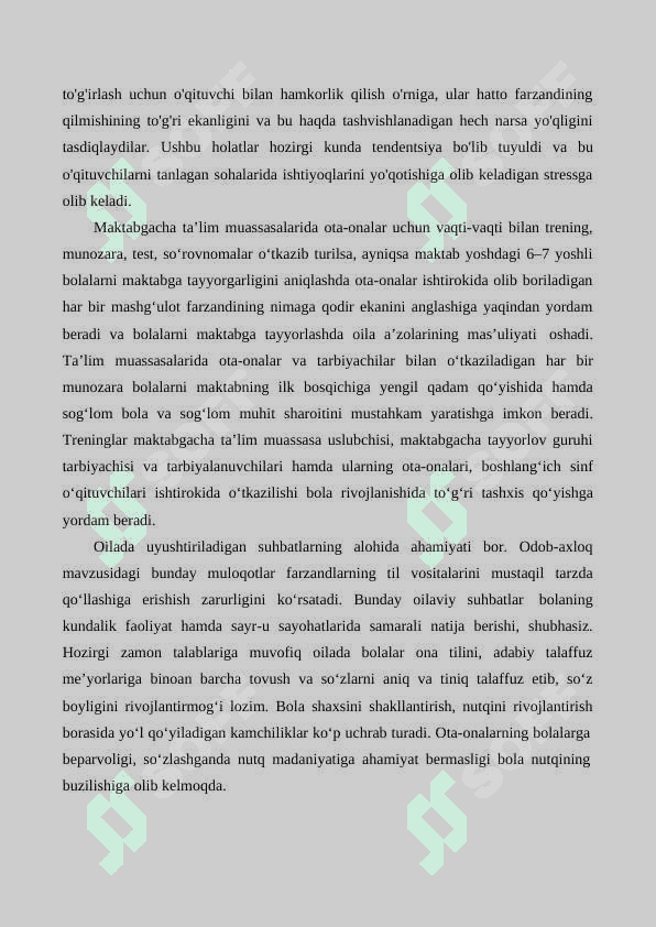 Maktabgacha ta'lim tashkiloti va oila o'rtasida hamkorlik o'rnatishda tarbiyachi pedagoglar jamoasi va ota onalarning faol ishtiroki  darsdan tashqari material 4