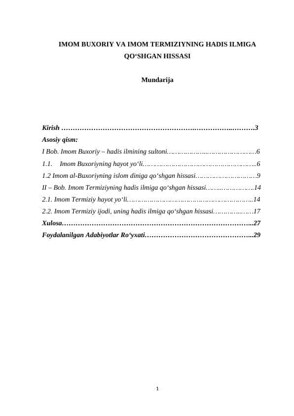 IMOM BUXORIY VA IMOM TERMIZIYNING HADIS ILMIGA QOʻSHGAN HISSASI 1