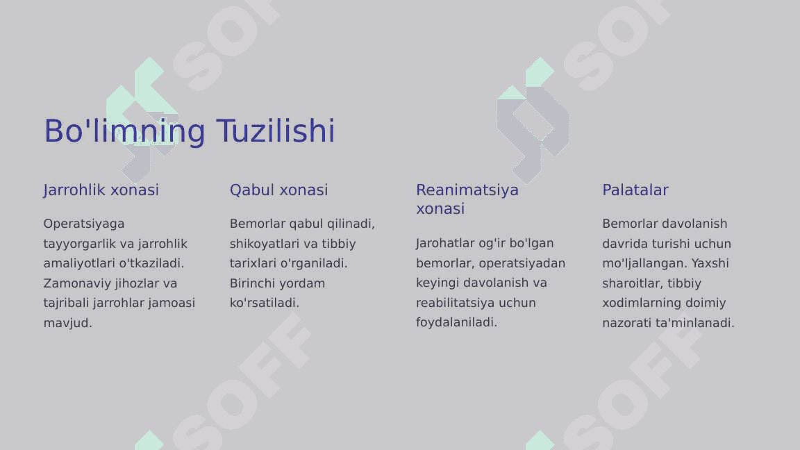 Yuz-jag jarrohligi bo'limining tuzilishi, yuz jag sohasi jarohatlangan bemorlarini parvarish qilish. Yuz-jag sohasi singan va shikastlangan bemorlami parvarish qilish xususiyatlari 3