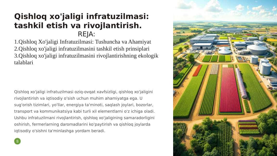 Qishloq xo'jaligi infratuzilmasi: tashkil etish va rivojlantirish.