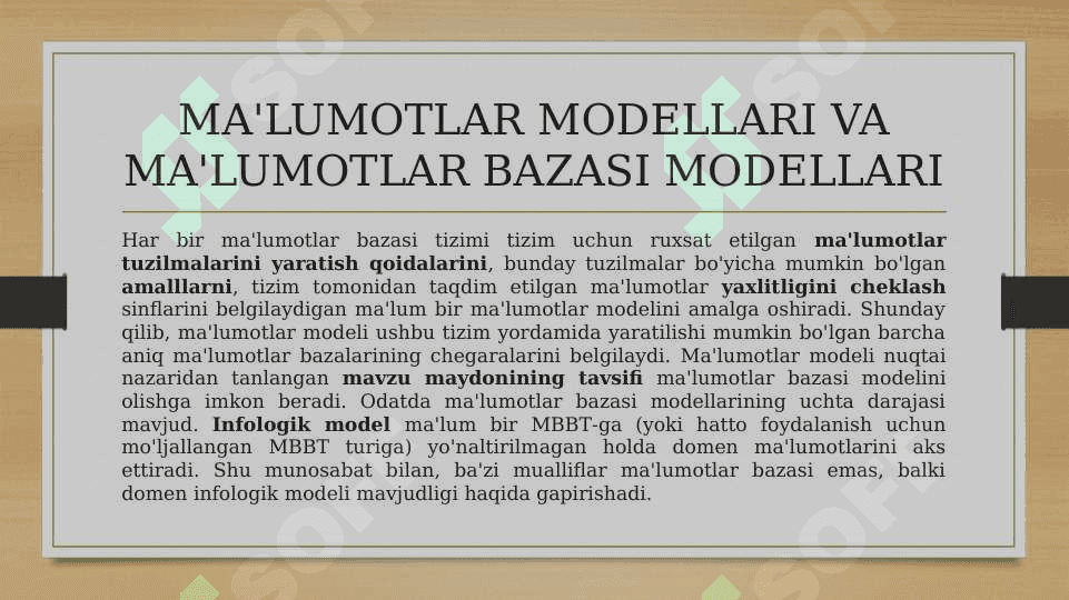 Maʻlumotlar modellari va maʻlumotlar bazasi modellari. Ierarxik maʼlumotlar modellari. Tarmoq maʻlumotlar modeli 6