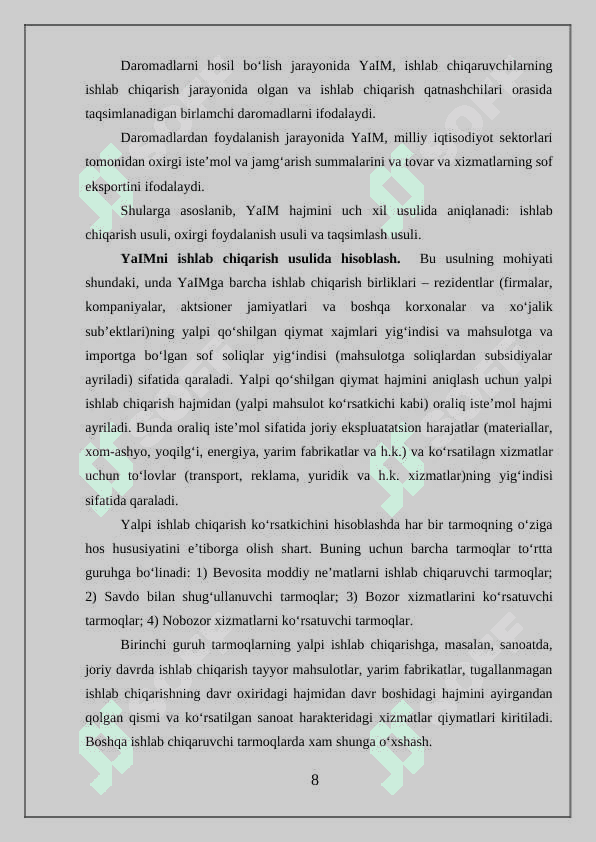 YALPI ICHKI MAHSULOT VA YALPI MILLIY MAHSULOTNI HISOBLASH USULLARI 8