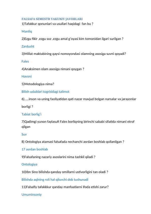 FALSAFA SEMESTR YAKUNIY TESTTI 1