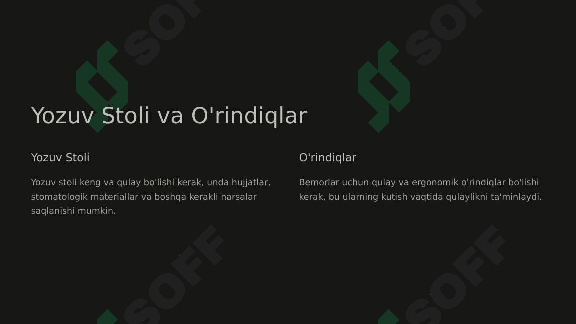 Stomatologiya xonaning jihozlanishi. Asosiy stomatologik uskunalar va vositalar. Stomatologik qurilmalarining turlari 5