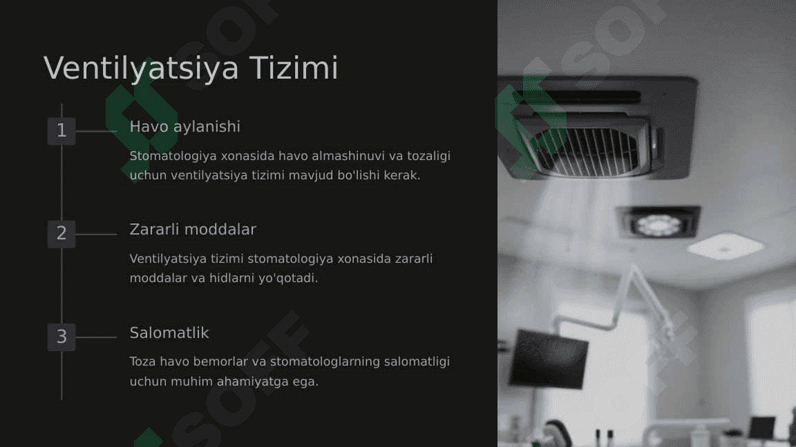 Stomatologiya xonaning jihozlanishi. Asosiy stomatologik uskunalar va vositalar. Stomatologik qurilmalarining turlari 8