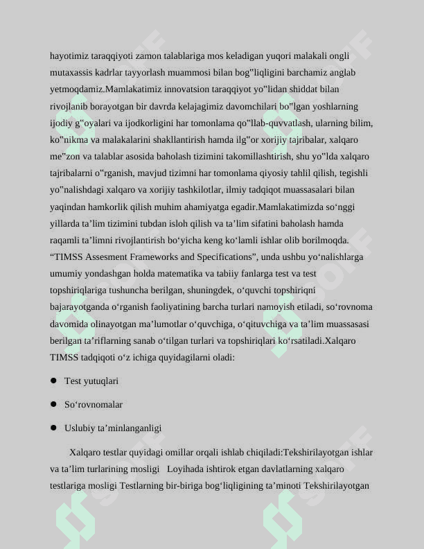 TIMSS xalqaro tadqiqotining mazmuni 2