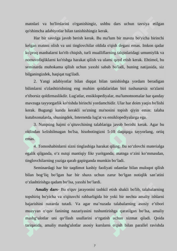Oliy ta’lim muassasalarida amaliy mashg’ulotlarni tashlil qilish va o’tkazish 7