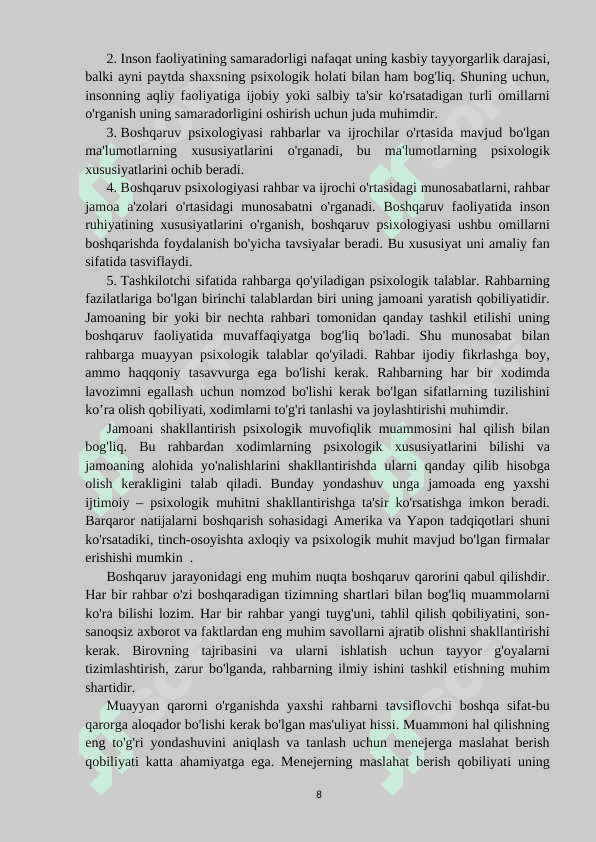 Rahbar kadrlar tayyorlash tizimini yanada takomillashtirish va boshqaruv salohiyatini rivojlantirish asoslari 8