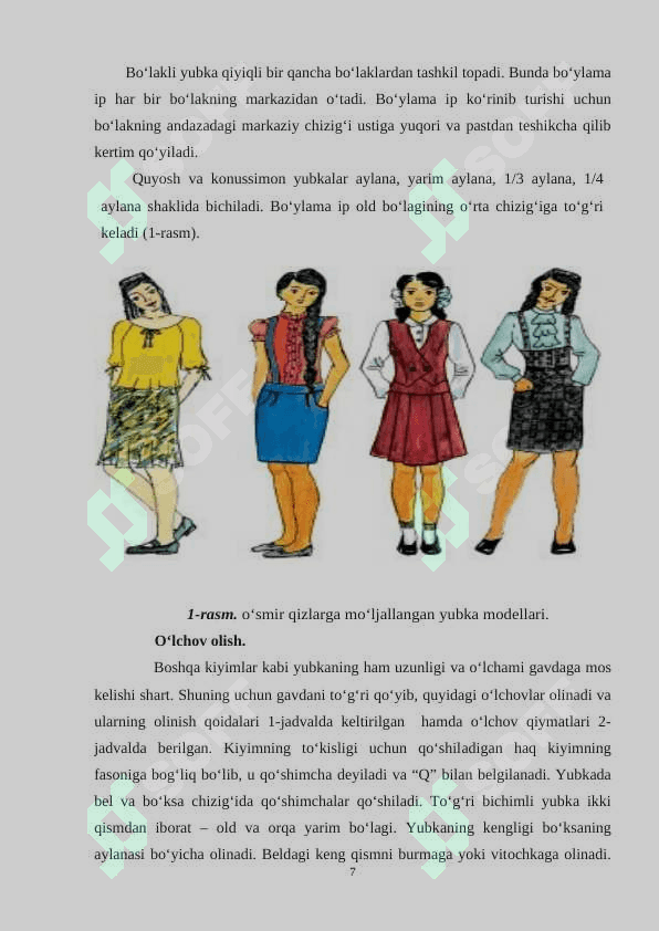 Texnologiya fanida o'quvchilarga yubkalarni konstruksiyalash, modellashtirsh, tikish texnologiyasi mavzusini o'qitish metodikasi 7