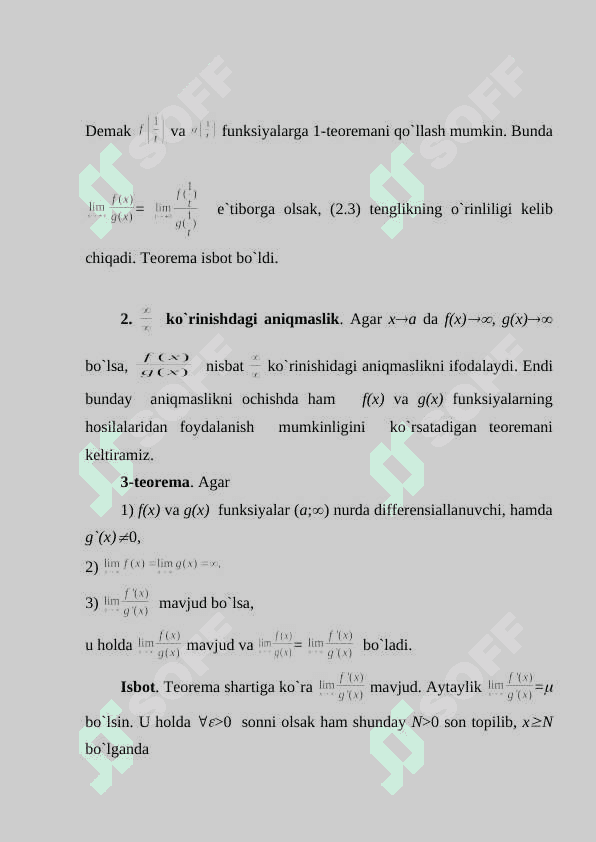 Differensiallanuvchi funksiyalarning asosiy xossalari. Teylor formulasi. Elementar funksiyalarni Teylor formulasi bo'yicha yoyish. Lopital qoidasi 6