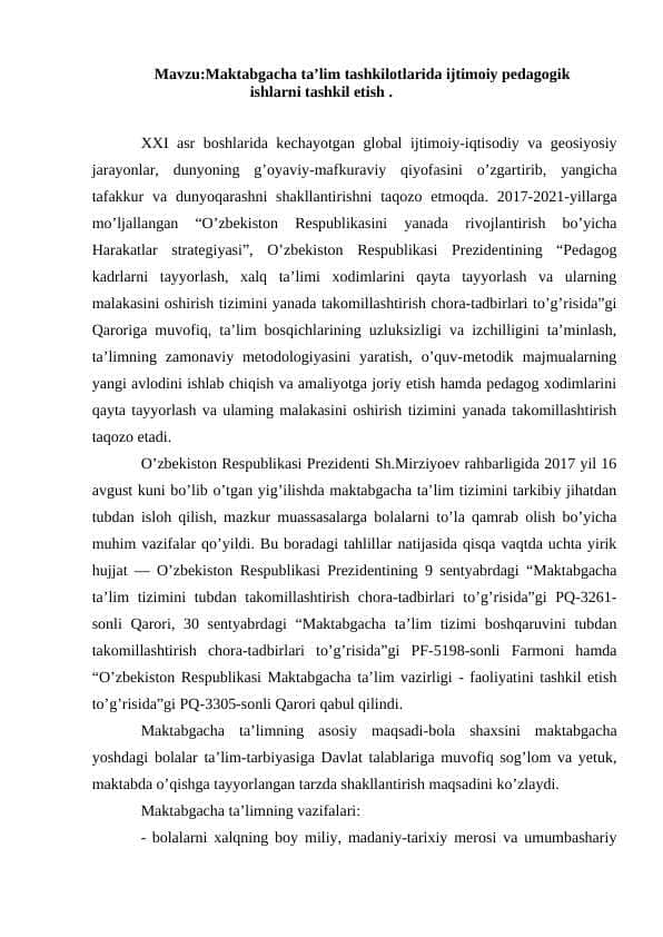Maktabgacha ta’lim tashkilotlarida ijtimoiy pedagogik ishlarni tashkil etish, 1
