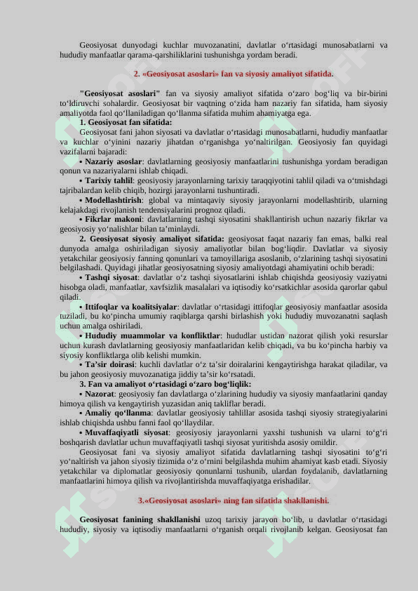 “Geosiyosat asoslari” fanining predmeti, ob’ekti,  maqsad va vazifalari. fanning kategoriyalari, qonunlari, metodlari va funksiyalari 2