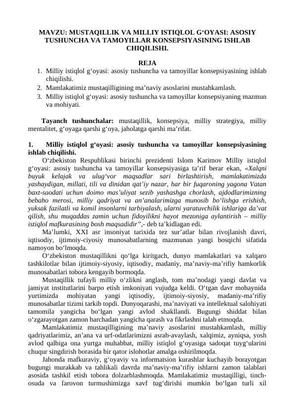 MUSTAQILLIK VA MILLIY ISTIQLOL G‘OYASI: ASOSIY TUSHUNCHA VA TAMOYILLAR KONSEPSIYASINING ISHLAB CHIQILISHI