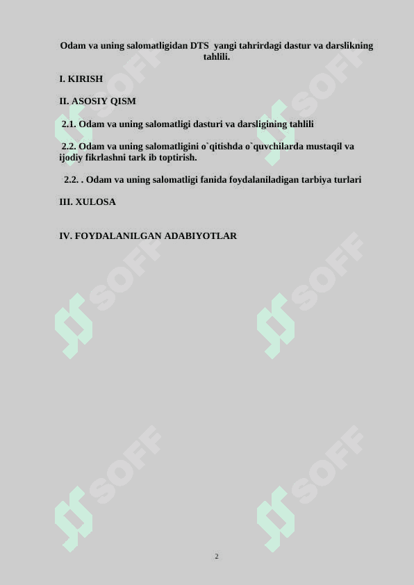 Odam va uning salomatligidan DTS  yangi tahrirdagi dastur va darslikning tahlili. 2