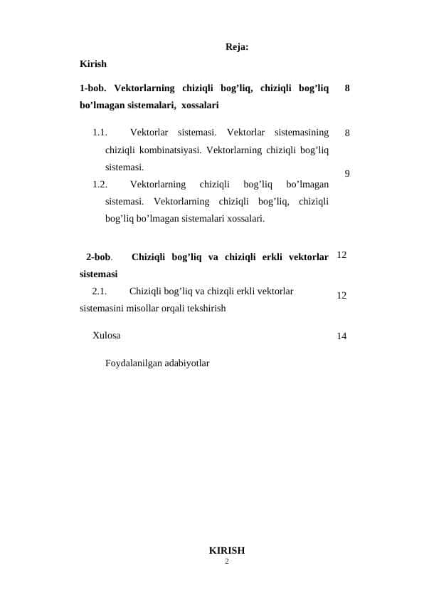 Vektorlarning chiziqli bog’liqligi va chiziqli erkliligi