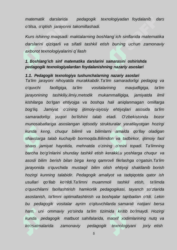 Boshlangich sinf matemarika darslarining sifat va samaradorligini oshirish yo`llari. 5