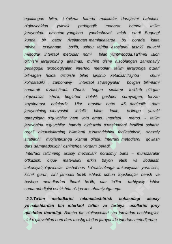 Boshlangich sinf matemarika darslarining sifat va samaradorligini oshirish yo`llari. 8