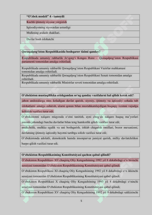 O'zbekistonning eng yangi tarixi fanidan yakuniy nazorat testlari javoblari bilan 5
