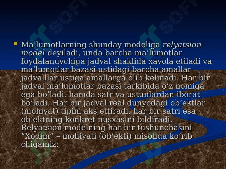 Relyatsion modellar. Relyatsion modellar asoslari. Relyatsion amallar. 8