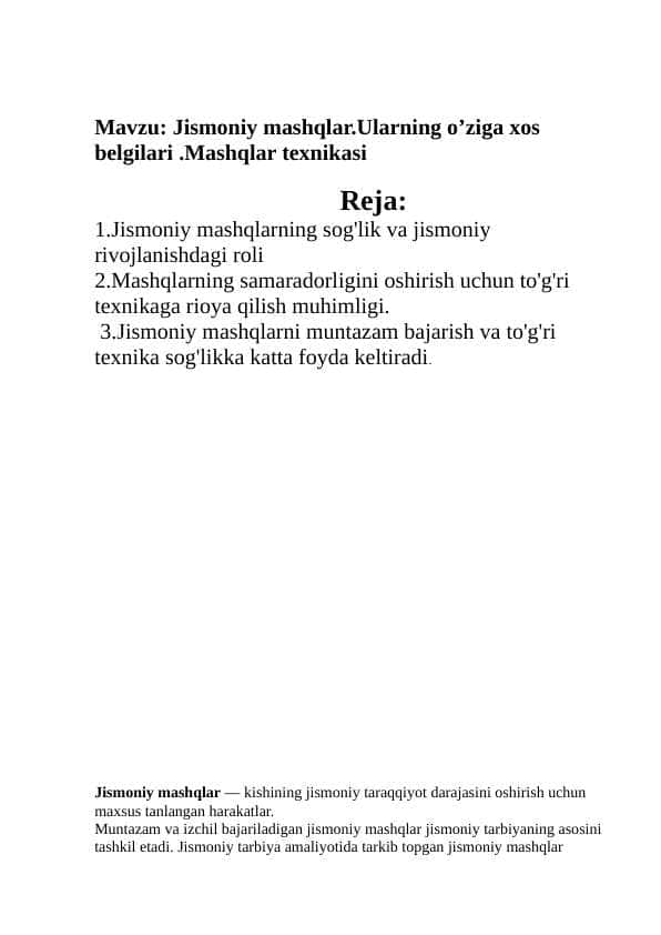 Jismoniy mashqlar.Ularning o’ziga xos belgilari .Mashqlar texnikasi 1