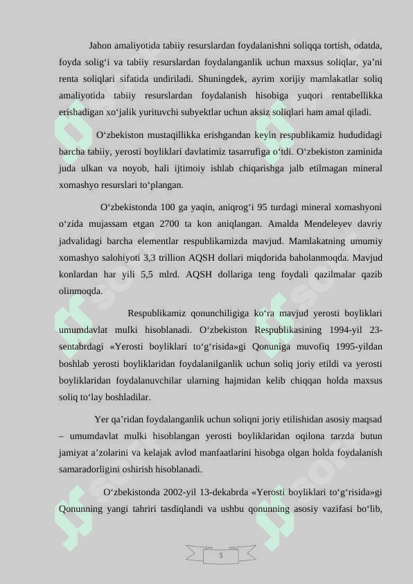 Suv  resurslaridan  foydalanganlik  uchun  soliqning  stavkalari 5
