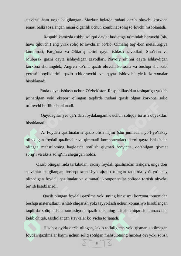 Suv  resurslaridan  foydalanganlik  uchun  soliqning  stavkalari 8