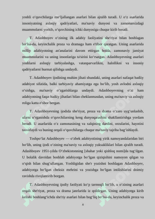 SINFDAN TASHQARI OʻQISH DARSLARIDA T.ADASHBOYEV IJODINI OʻRGATISH 6