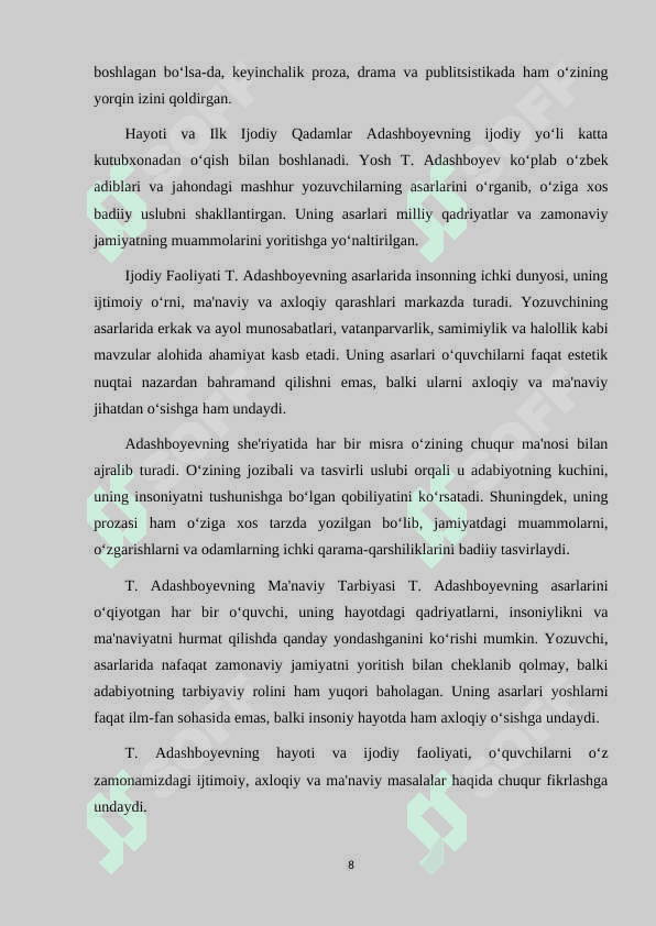 SINFDAN TASHQARI OʻQISH DARSLARIDA T.ADASHBOYEV IJODINI OʻRGATISH 8