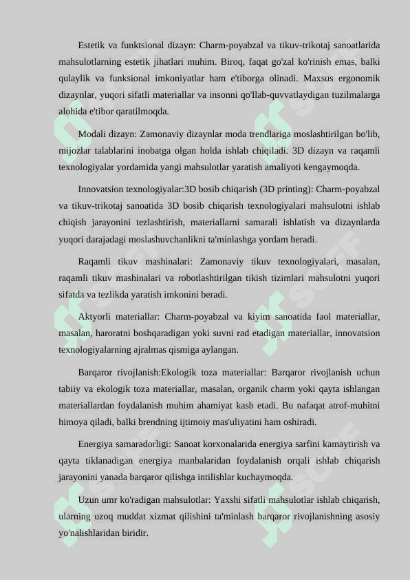 CHARM-POYABZAL VA TIKUV-TRIKOTAJ SANOATLARIDA DIZAYN, INNOVATSION TEXNOLOGIYALAR VA BARQAROR RIVOJLANISH ISTIQBOLLARI, MAHSULOTGA OSHLOV BERISHNING ZAMONAVIY USULLARI 4