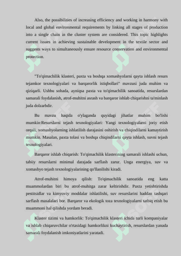 TO'QIMACHILIK KLASTERI, PAXTA VA BOSHQA XOMASHYOLARNI QAYTA ISHLASH RESURS TEJAMKOR TEXNOLOGIYALARI VA BARQARORLIK ISTIQBOLLARI 3