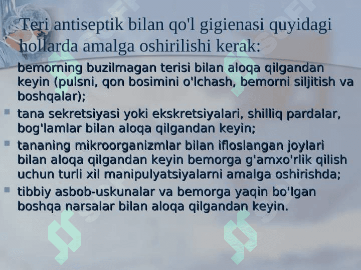 Xirurg qo‘lini operatsiyaga tayyorlash , ishlov berish va operatsiya maydonini tayyorlash usullari 6