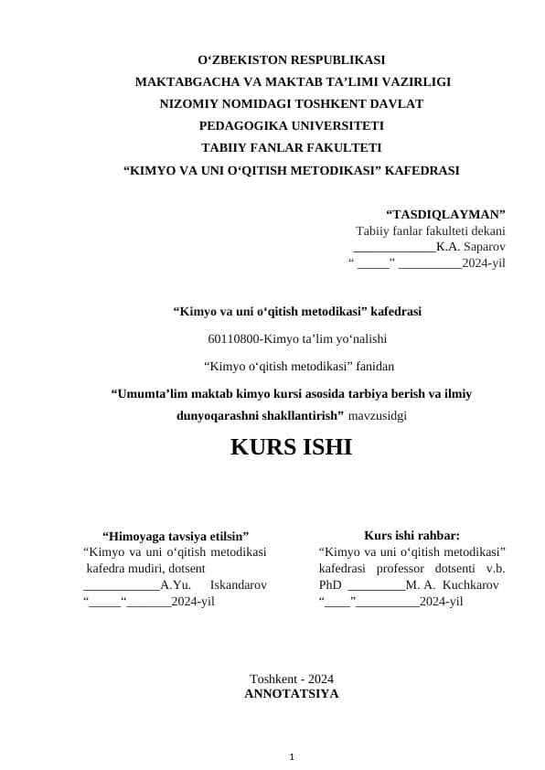 Umumta’lim maktab kimyo kursi asosida tarbiya berish va ilmiy dunyoqarashni shakllantirish