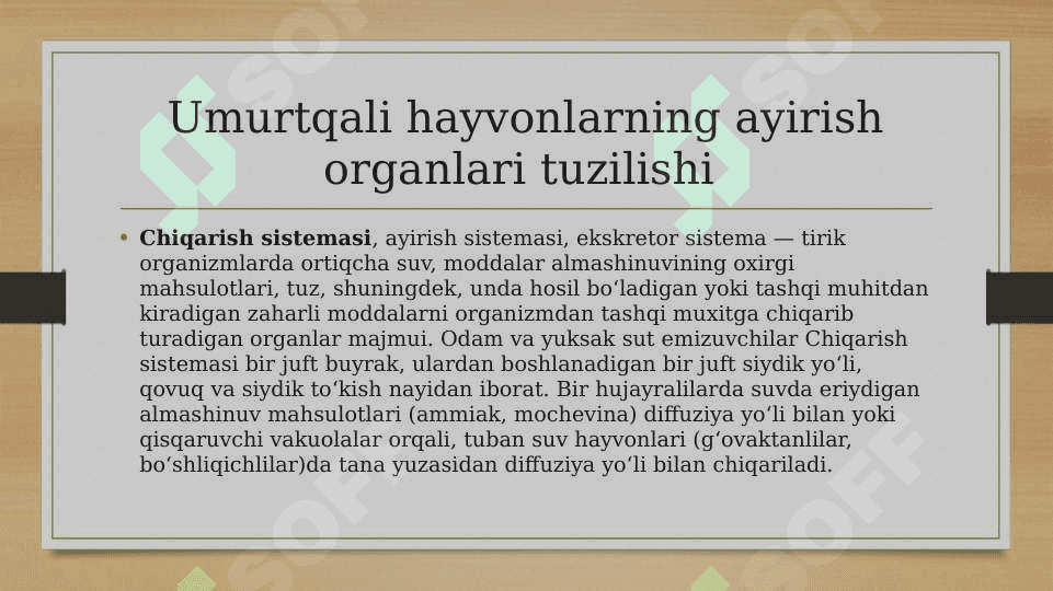 Umurtqali hayvonlarning ayirish organlarining tuzilishi va evolutsiyasi. 8