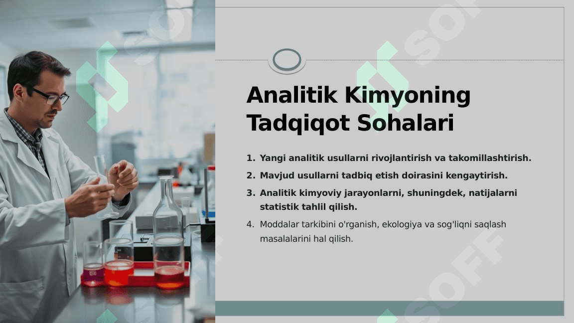 Analitik kimyo vazifalari, metodlari. Sifat analizi, moxiyati, metodlari. Kationlar va anionlar analizining sistemalari 5