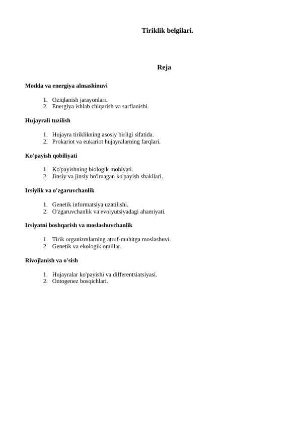 Tiriklik belgilari 1