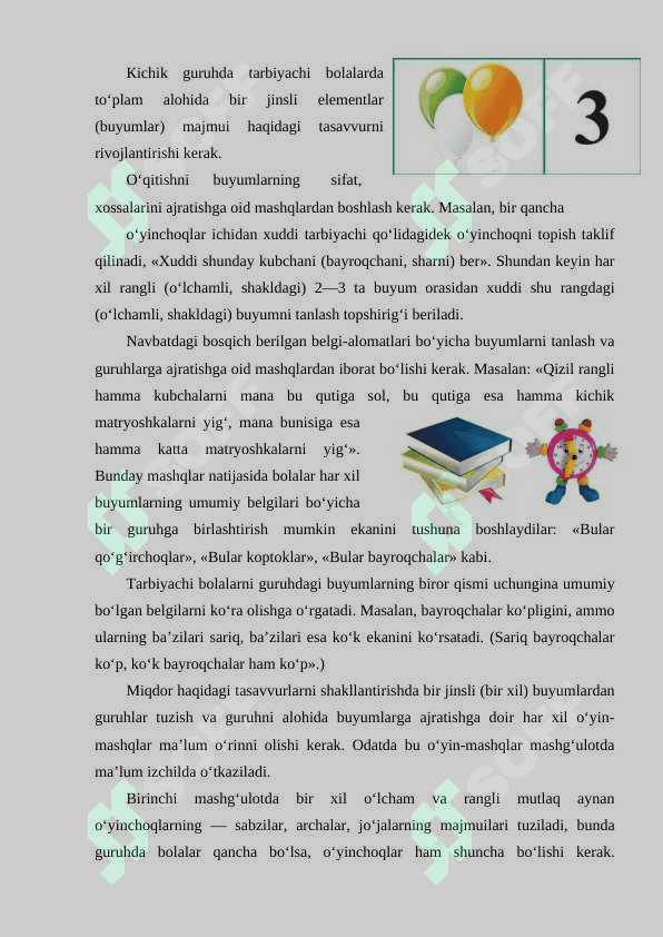 To'plam haqidagi tasavvurlarni shakillantirishning  sensor asoslari 6