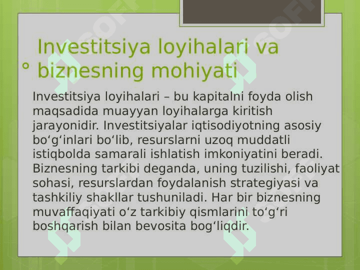 INVESTITSIYA LOYIHALARI VA  BIZNESNING TARKIBI BO‘YICHA BOSHQARUV  QARORLARINI QABUL QILISH 2