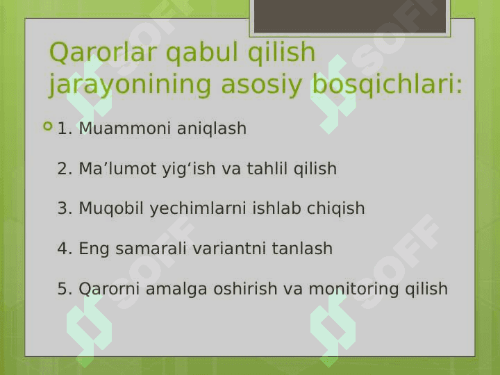 INVESTITSIYA LOYIHALARI VA  BIZNESNING TARKIBI BO‘YICHA BOSHQARUV  QARORLARINI QABUL QILISH 4