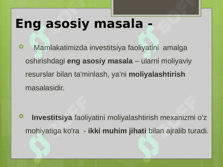 INVESTITSIYA LOYIHALARI VA  BIZNESNING TARKIBI BO‘YICHA BOSHQARUV  QARORLARINI QABUL QILISH 6