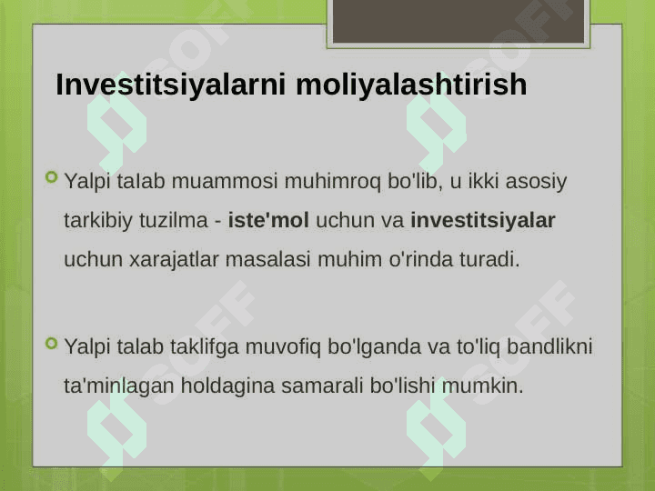 INVESTITSIYA LOYIHALARI VA  BIZNESNING TARKIBI BO‘YICHA BOSHQARUV  QARORLARINI QABUL QILISH 7