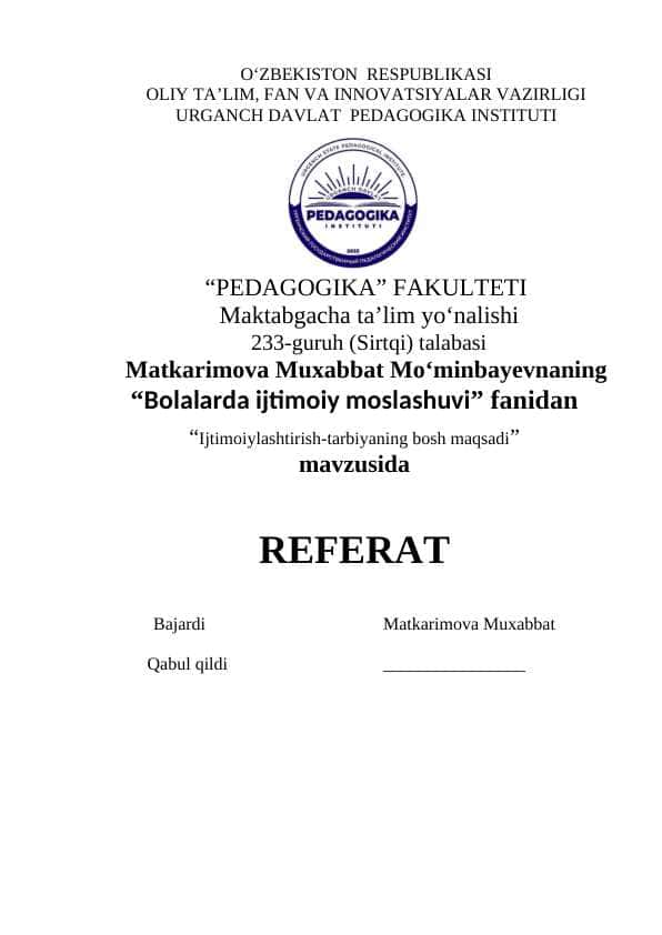 Ijtimoiylashtirish-tarbiyaning bosh maqsadi 1